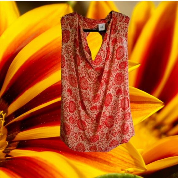 Cabi medium NWOT sleeveless cowl neck cutout back orange and tan woman's blouse - Picture 1 of 1